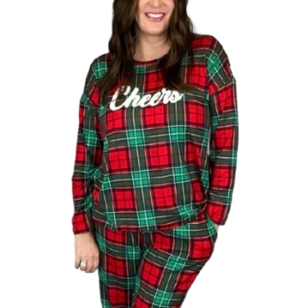 Joyspun Women’s Red & Green Plaid "Cheers" Pajama Top and Pants Set Flannel, XL